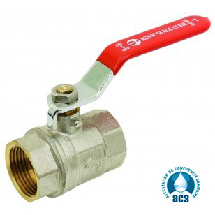 VANNE À SPHÈRE LAITON F / F - PASSAGE INTÉGRAL - POIGNÉE ACIER PLATE ROUGE