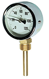 THERMOMETRE A CADRAN - BOITIER ACIER ZINGUE - LUNETTE INOX Ø80 - RACCORD LAITON 1/2" 0 A 200°C AVEC DOIGT DE GANT