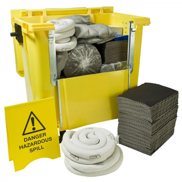 KIT D'INTERVENTION ABSORBANT TOUS LIQUIDES - ABSORPTION 600 LITRES + CAISSE PALETTE 535 LITRES AVEC COUVERCLES ET 4 ROULETTES