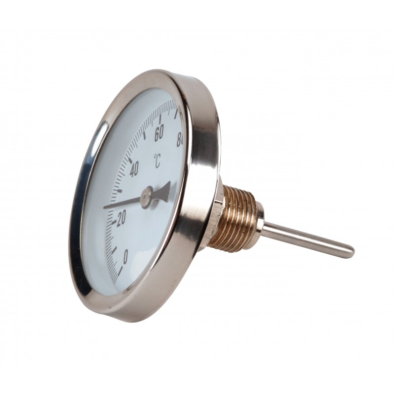 THERMOMETRE A CADRAN - TOUT INOX  Ø80 - PLONGE ARRIERE 1/2" 0 A 60°C + DOIGT DE GANT INOX