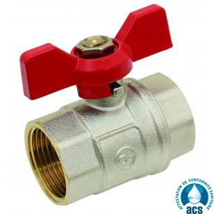 VANNE À SPHÈRE LAITON F / F - SÉRIE ALPINE - PASSAGE INTÉGRAL - MANETTE PAPILLON ROUGE